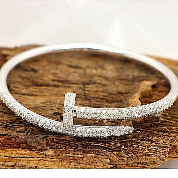 Silver Nail Zircon Screw Tack Bangle Bracelet - Picture 4 of 5